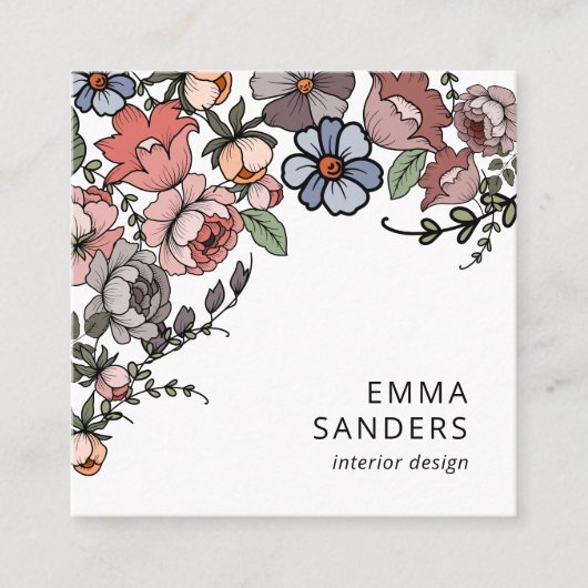 Boho bloemen en bladeren vierkante visitekaartje (Voorkant)