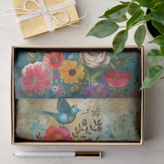 BOHO-BLOEMEN EN DECOUPAGE VAN VOGELS TISSUEPAPIER (Geschenk)