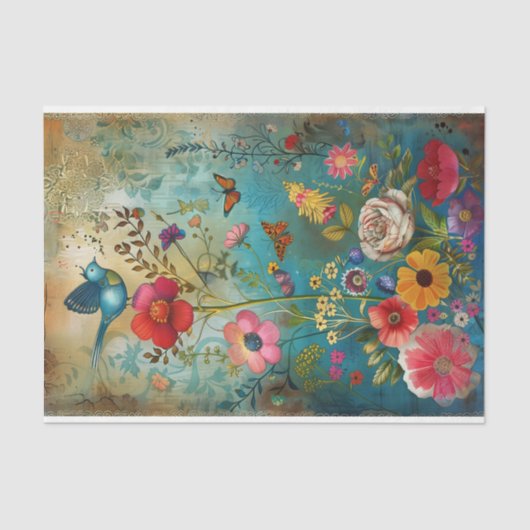 BOHO-BLOEMEN EN DECOUPAGE VAN VOGELS TISSUEPAPIER (Voorkant)