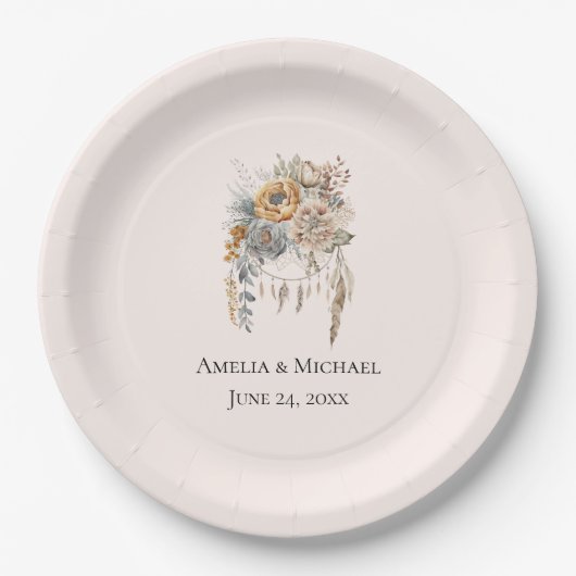 Boho Bloemen en Dreamcatcher - Huwelijk Papieren Bordje (Voorkant)