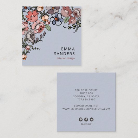 Boho Bloemen en gebladerte Dusty Blue Vierkante Visitekaartje (Voorkant / Achterkant)