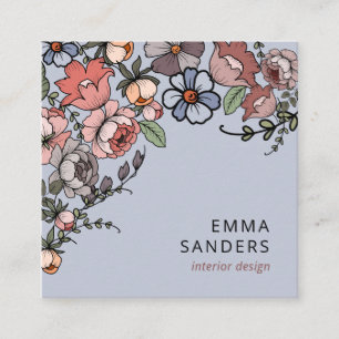 Boho Bloemen en gebladerte Dusty Blue Vierkante Visitekaartje