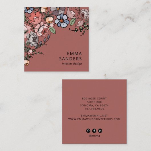 Boho Bloemen en gebladerte Koper Bruin Vierkante Visitekaartje (Voorkant / Achterkant)