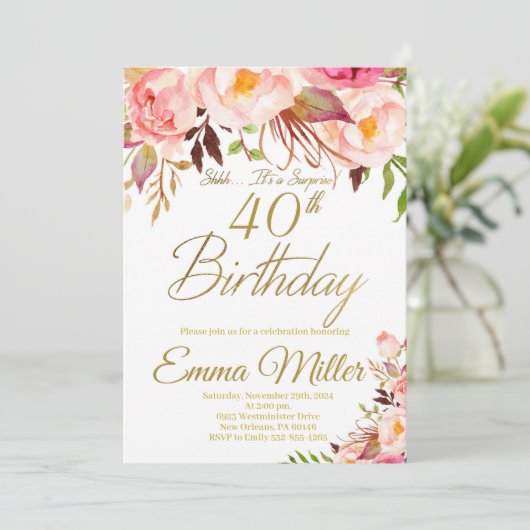 Boho Bloemen en Goud Verrassing 40e Verjaardag Kaart (Staand voorkant)