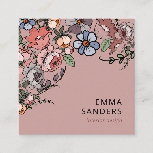 Boho bloemen en groen vierkante visitekaartje (Voorkant)