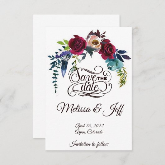 Boho-bloemen en -veren met uitzondering van de dat save the date (Voorkant / Achterkant)
