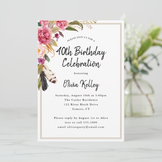 Boho bloemen en veren rustieke 40e verjaardag kaart (Staand voorkant)