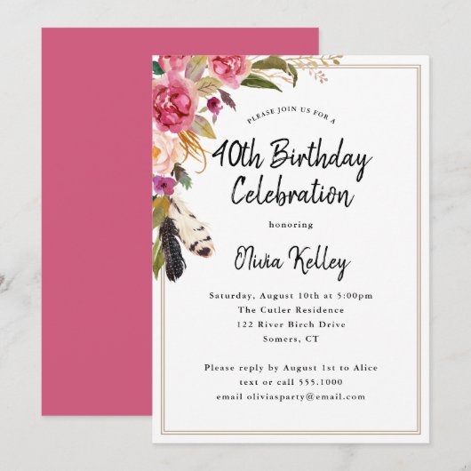 Boho bloemen en veren rustieke 40e verjaardag kaart (Voorkant / Achterkant)