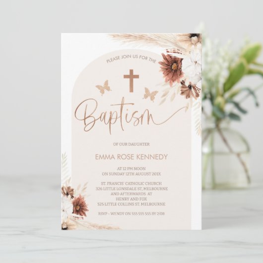 Boho bloemen en vlinders boogdoop kaart (Staand voorkant)