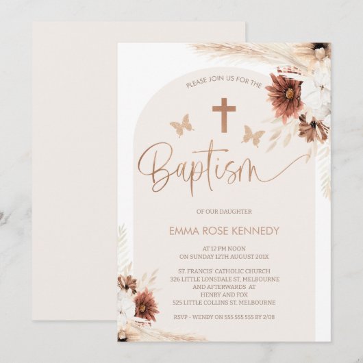 Boho bloemen en vlinders boogdoop kaart (Voorkant / Achterkant)