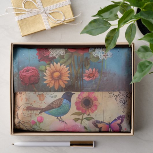 BOHO BLOEMEN EN VOGEL DECOUPAGE TISSUEPAPIER (Geschenk)