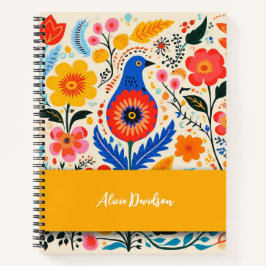 Boho Bloemen Folk Blauwe Vogel | jouw naam Notitieboek