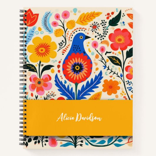 Boho Bloemen Folk Blauwe Vogel | jouw naam Notitieboek (Voorkant)