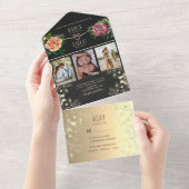 Boho Bloemen Foto Zwart Huwelijk All In One Uitnodiging (Afscheurbaar)