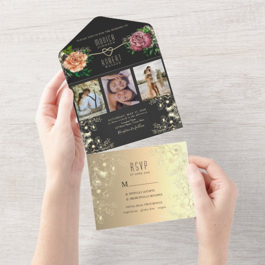 Boho Bloemen Foto Zwart Huwelijk All In One Uitnodiging (Afscheurbaar)