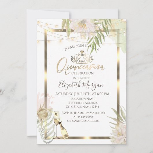 Boho Bloemen Frame Wijn Quinceanera Kaart (Voorkant)
