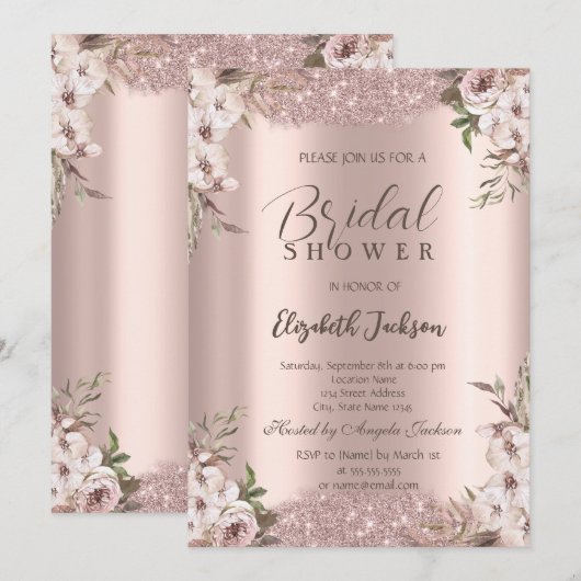 Boho Bloemen Glanzend Frame Roze Goud Bruiloft Kaart (Voorkant / Achterkant)