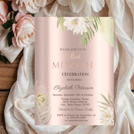 Boho Bloemen Glitter Drips Roze Goud Bat Mitzvah   Kaart