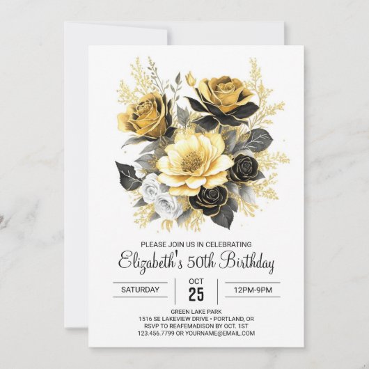 Boho Bloemen Goud en Zwart 50e Verjaardag Kaart (Voorkant)