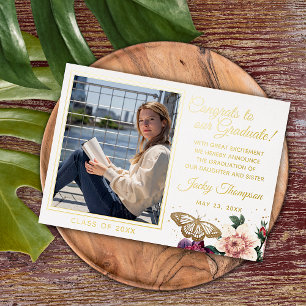 Boho Bloemen Goud Folie Afstudeeruitnodiging Uitnodiging