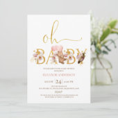 Boho Bloemen Goud Woord Teddy Bear Baby shower Kaart (Staand voorkant)