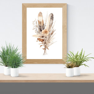 Boho bloemen grijs beige bruin veren botanicals poster