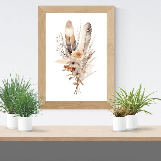 Boho bloemen grijs beige bruin veren botanicals poster