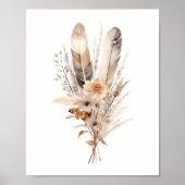 Boho Bloemen Grijs Beige Bruine Veren Botanicals Poster (Voorkant)