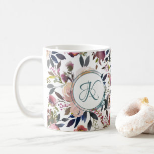 Boho Bloemen Groen Roze Monogram Koffiemok