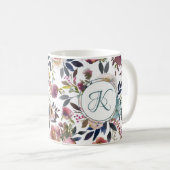 Boho Bloemen Groen Roze Monogram Koffiemok (Voorkant rechts)