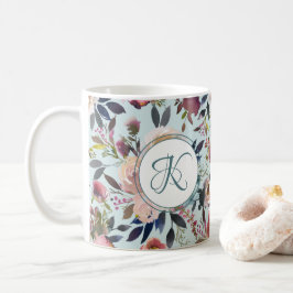 Boho Bloemen Groen Roze Monogram Koffiemok