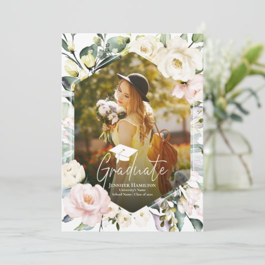 Boho Bloemen Groene Kader Foto Afstudeercijfers Aankondiging (Staand voorkant)