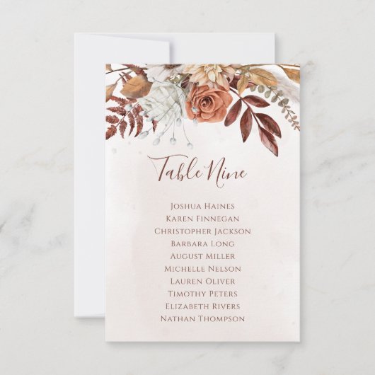 Boho Bloemen Herfst Bruiloft Zitkaart Tafelplan (Voorkant)