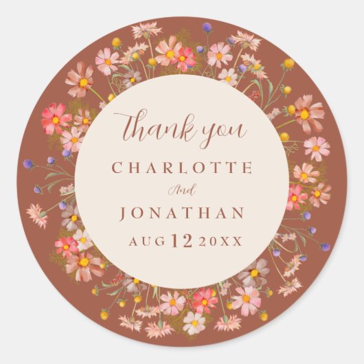 Boho Bloemen Herfst Verbrand Sinaasappel bruiloft  Ronde Sticker (Voorkant)