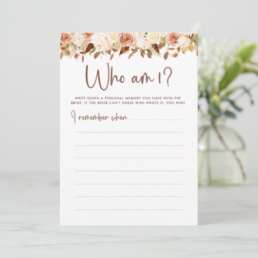 Boho Bloemen Herfst Wie Ben Ik Bruiloft Feest Spel Kaart (Staand voorkant)