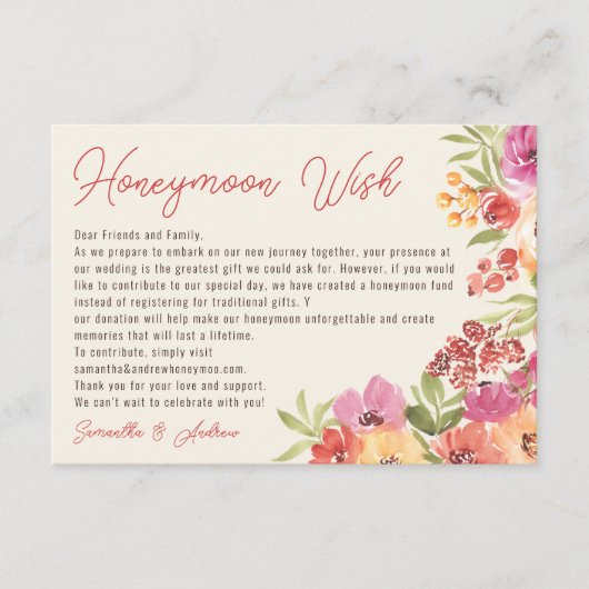 Boho Bloemen Honeymoon Fonds Bruidsfeestje Informatiekaartje (Voorkant)