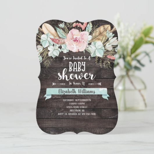 Boho Bloemen Houten Baby Shower Uitnodiging (Staand voorkant)