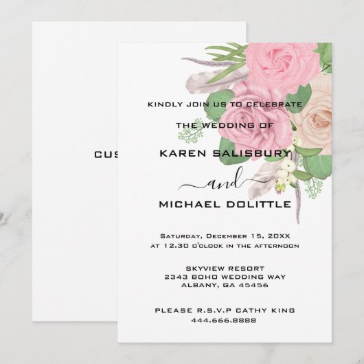 Boho Bloemen Huwelijksuitnodiging - Bewerkbare Sja Kaart (Voorkant / Achterkant)