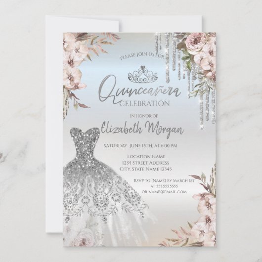 Boho Bloemen Jurk Zilver Drips Quinceanera Kaart (Voorkant)