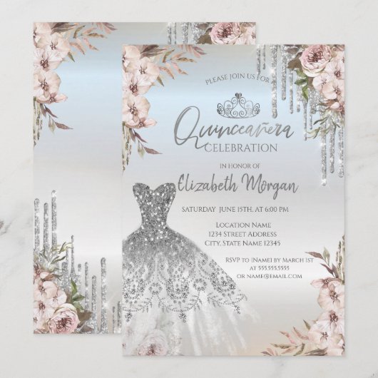 Boho Bloemen Jurk Zilver Drips Quinceanera Kaart (Voorkant / Achterkant)