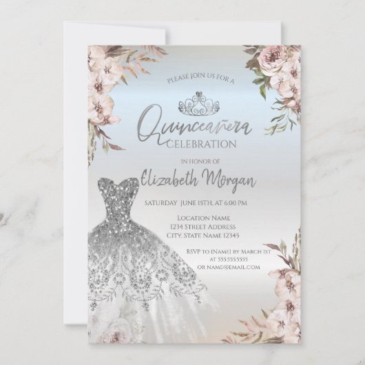 Boho Bloemen Jurk Zilver Quinceanera Kaart (Voorkant)