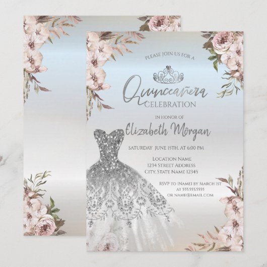 Boho Bloemen Jurk Zilver Quinceanera Kaart (Voorkant / Achterkant)