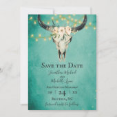 Boho Bloemen Koe Schedel en Lichten Turquoise Brui Save The Date (Voorkant)