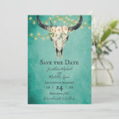 Boho Bloemen Koe Schedel en Lichten Turquoise Brui Save The Date (Staand voorkant)