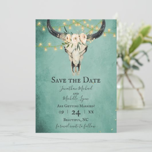 Boho Bloemen Koe Schedel en Lichten Turquoise Brui Save The Date (Staand voorkant)