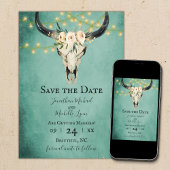 Boho Bloemen Koe Schedel en Lichten Turquoise Brui Save The Date