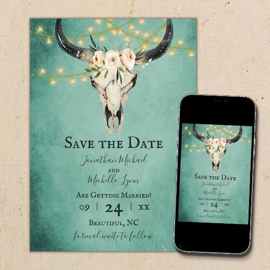 Boho Bloemen Koe Schedel en Lichten Turquoise Brui Save The Date