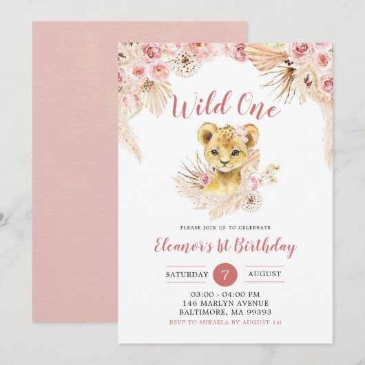 Boho Bloemen Leeuw Cub Wild Een Verjaardag Uitnodi Kaart (Voorkant / Achterkant)