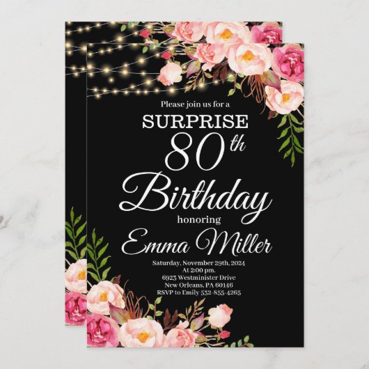 Boho Bloemen & Lichten Verrassing 80e Verjaardag Kaart (Voorkant / Achterkant)