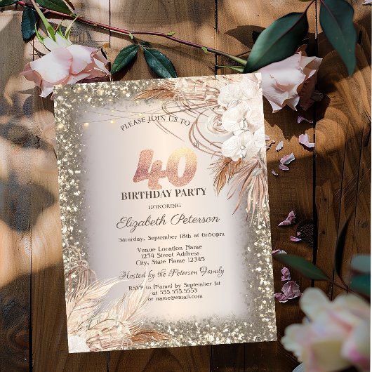 Boho Bloemen, Lichtjes Glitter Frame 40e Verjaarda Kaart